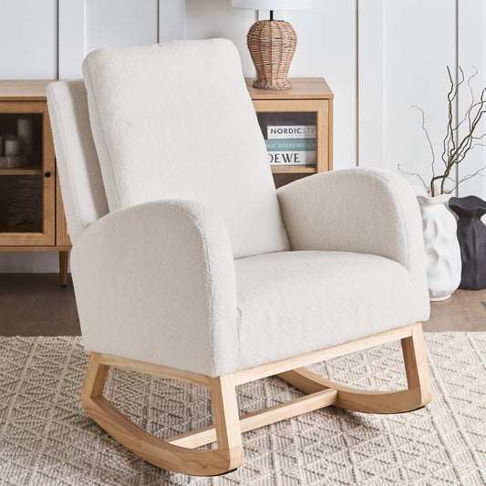 Rocking Chair Off-White Boucle Upholstery Rubberwood Legs