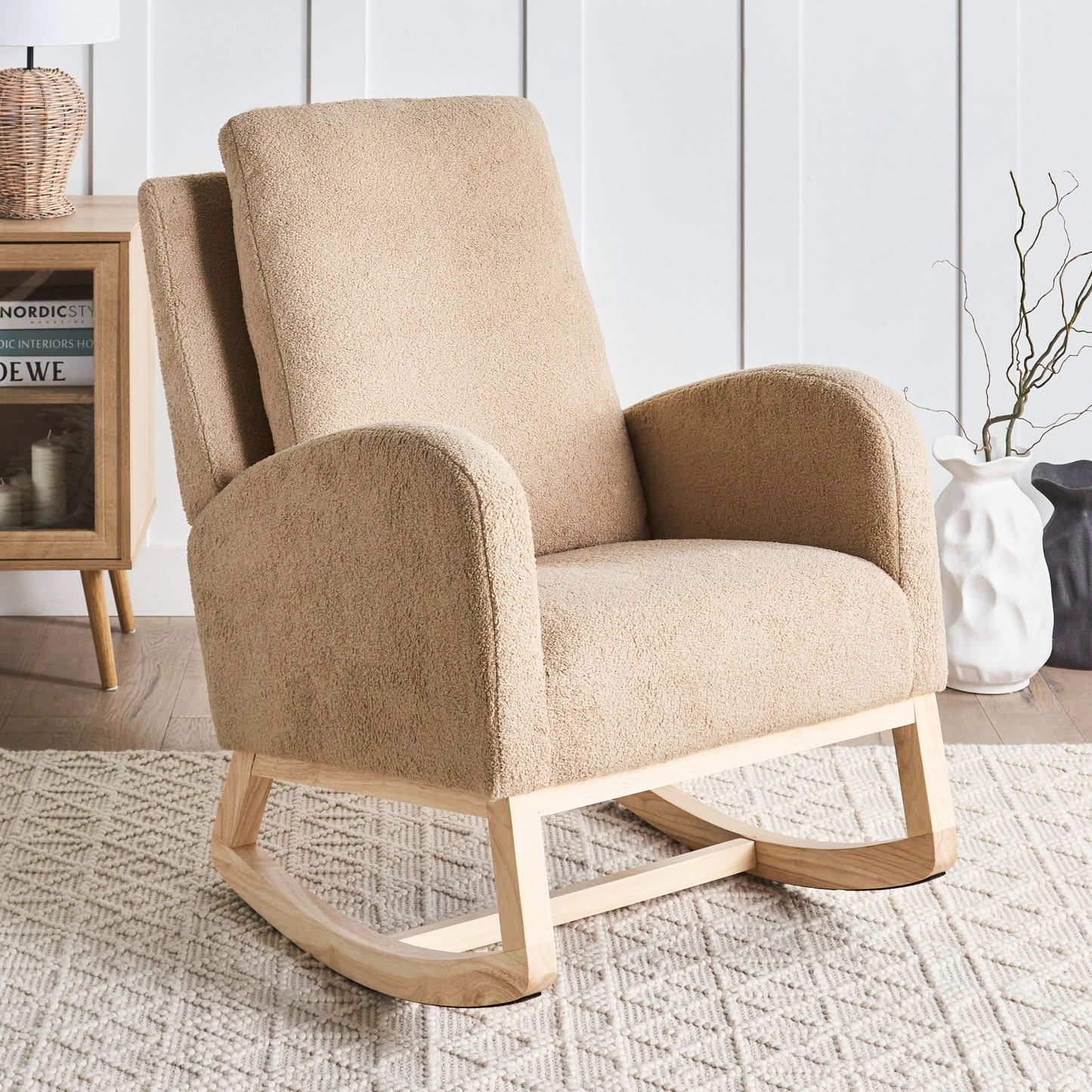Rocking Chair Beige Boucle Upholstery Rubberwood Armrests