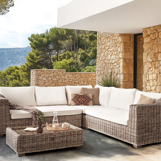 Grey Garden 5 Seater Sofa Set With Natural Rattan Ottoman