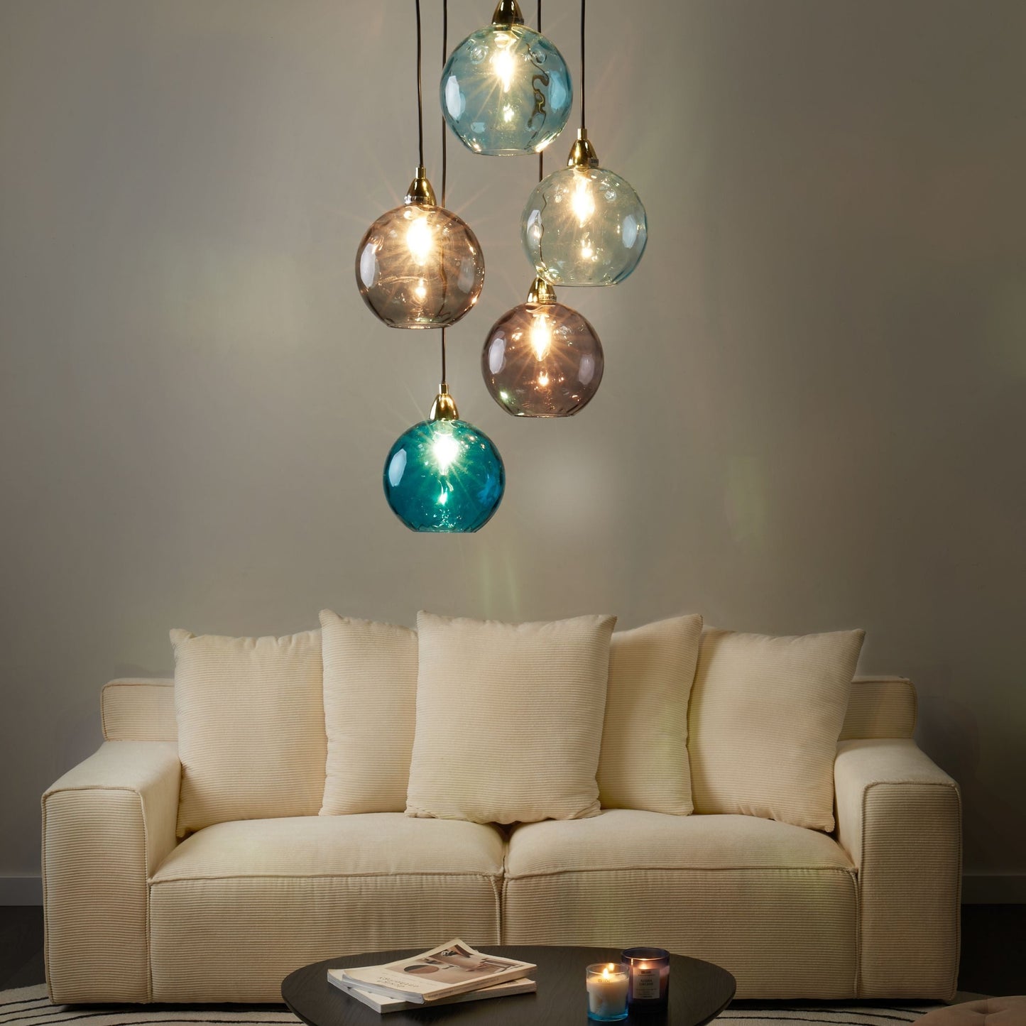 Pendant Lamp Blue Metal Five Glass Shades Modern Glam Light