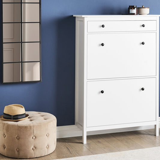 NordicHome White MDF Shoe Storage Cabinet With Two Compartments Hallway Organizer For Scandinavian Style