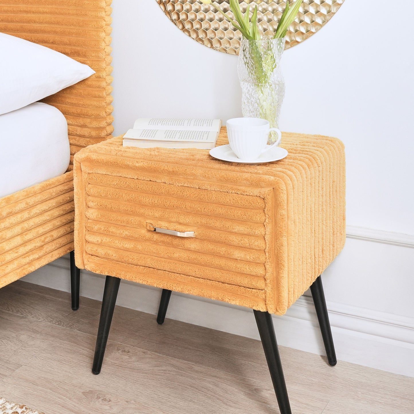 Bedside Table Orange Corduroy Jumbo 1 Drawer Nightstand