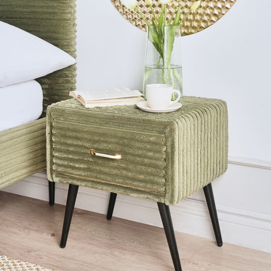 Bedside Table Green Corduroy Jumbo Nightstand 1 Drawer