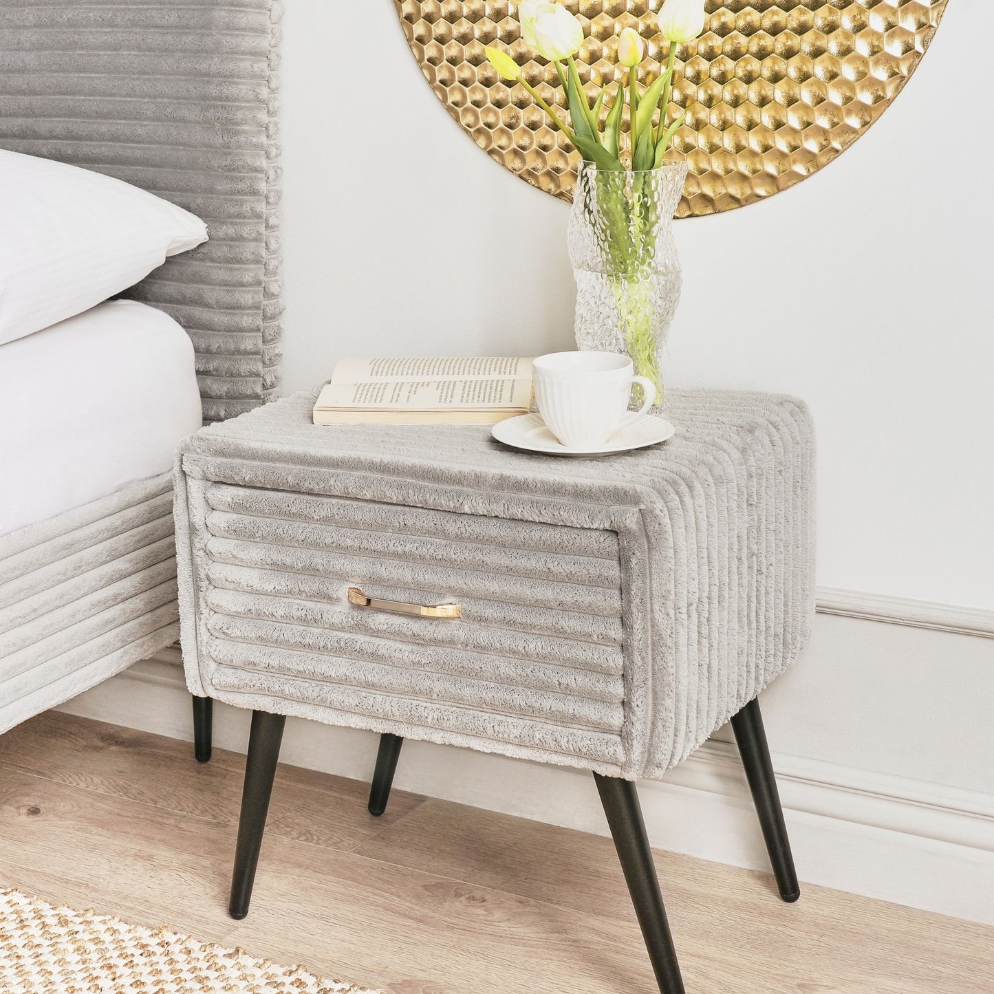 Bedside Table Light Grey Jumbo Corduroy 1 Drawer Nightstand