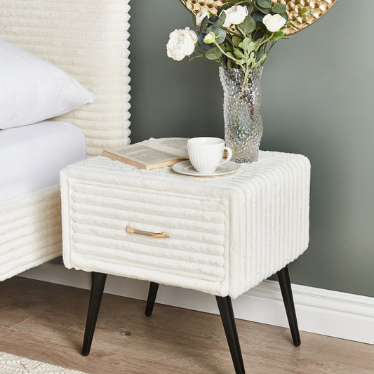 Off-White Corduroy Bedside Table With 1 Drawer