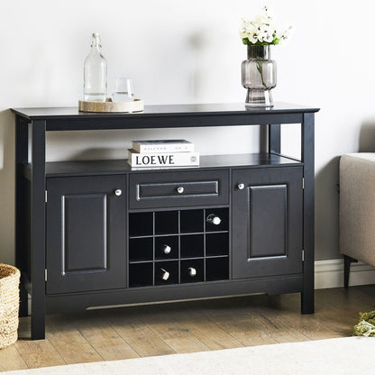 Black MDF Sideboard With Glass Fronts 2 Doors Wine Rack And Storage Mediterranean Style