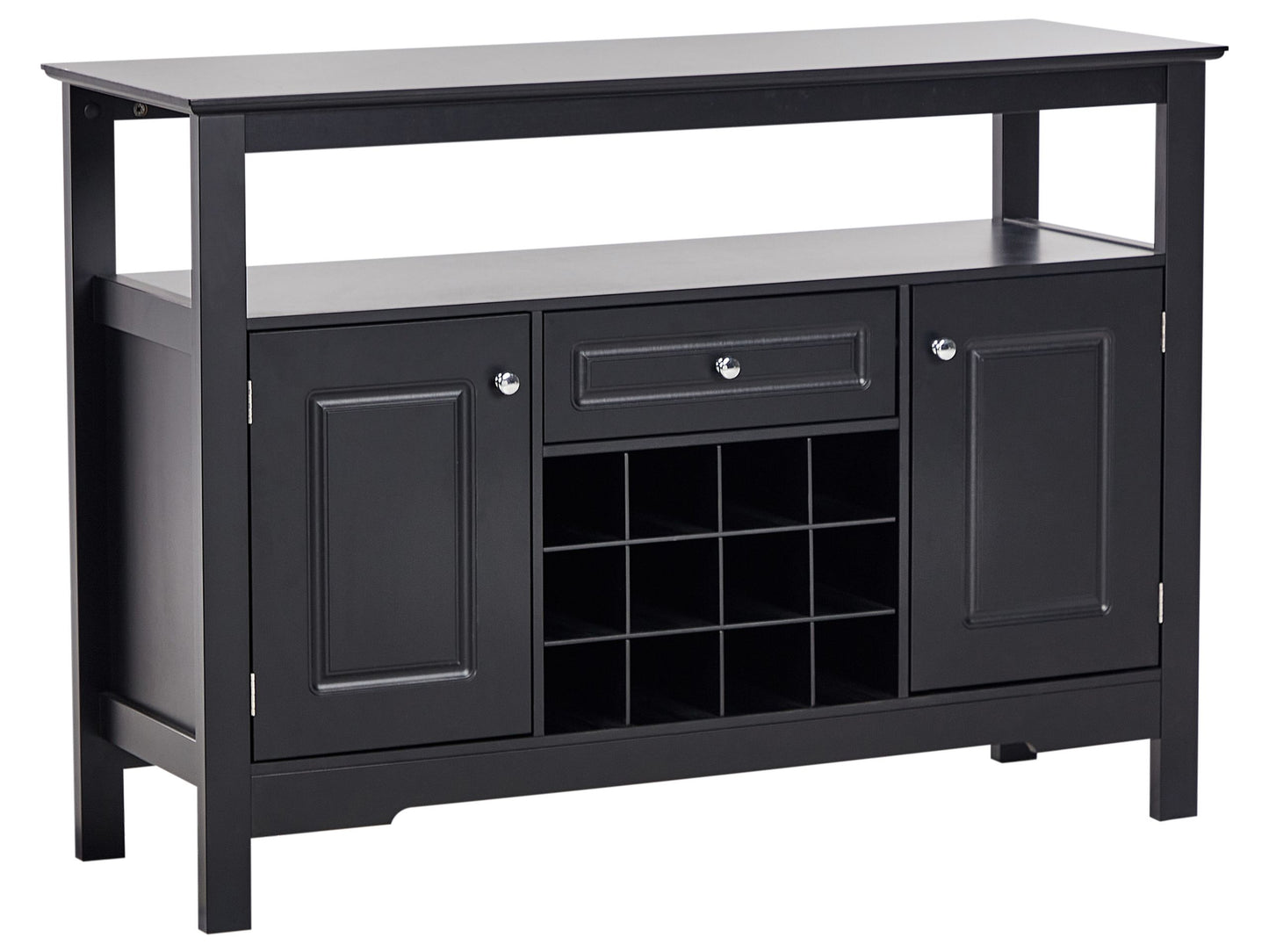 Black MDF Sideboard With Glass Fronts 2 Doors Wine Rack And Storage Mediterranean Style