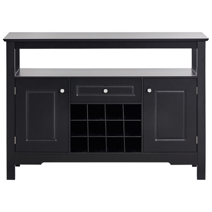 Black MDF Sideboard With Glass Fronts 2 Doors Wine Rack And Storage Mediterranean Style