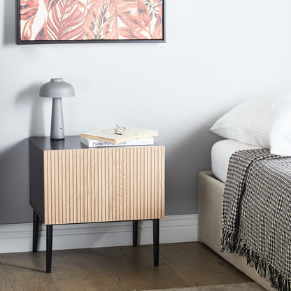 NovaCasa Bedside Table Black MDF Ribbed Natural Ash Front 1 Drawer