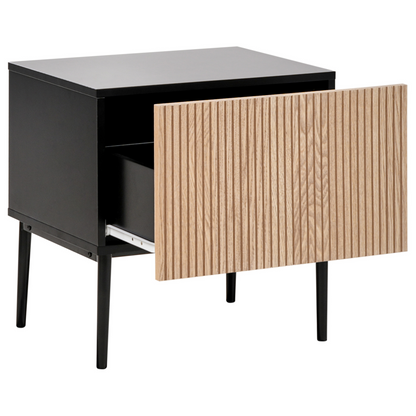 NovaCasa Bedside Table Black MDF Ribbed Natural Ash Front 1 Drawer