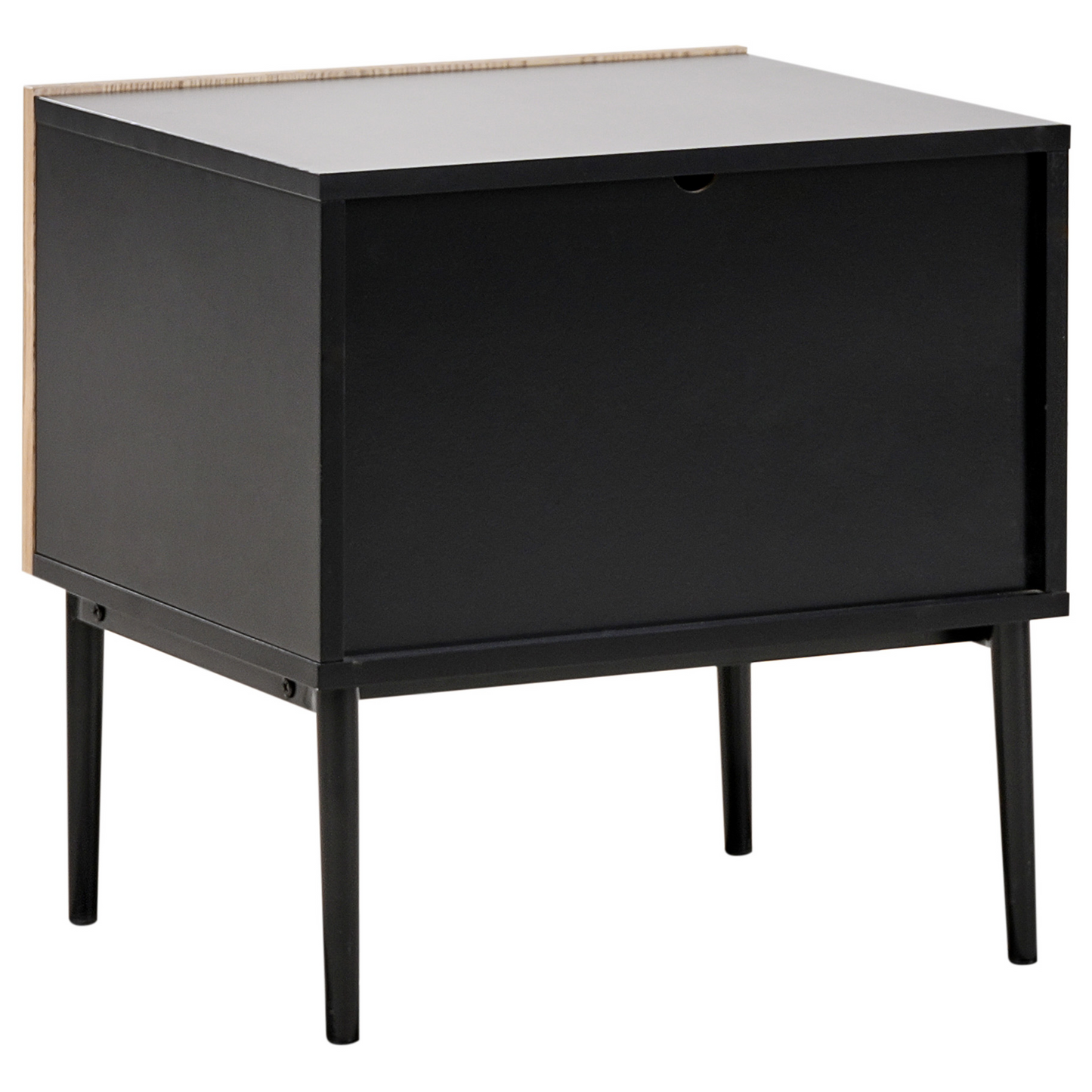 NovaCasa Bedside Table Black MDF Ribbed Natural Ash Front 1 Drawer