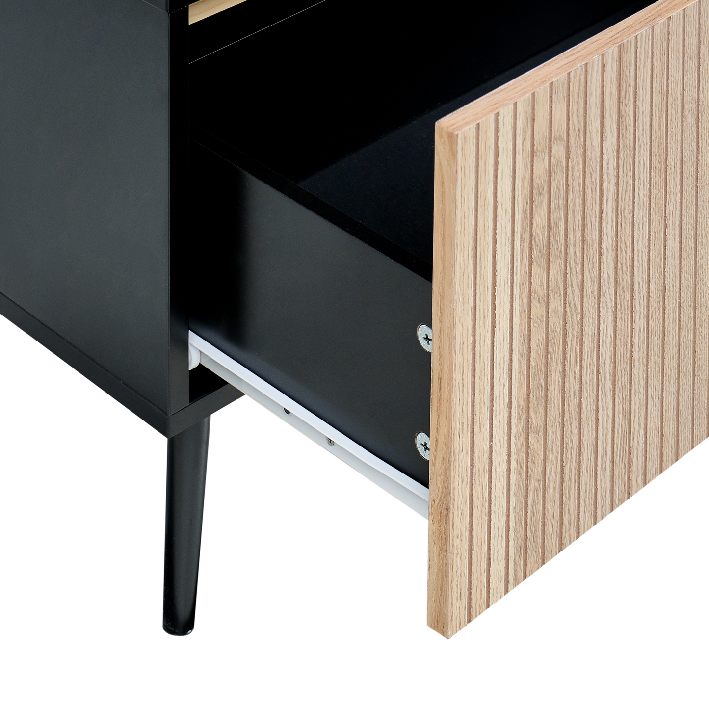 NovaCasa Bedside Table Black MDF Ribbed Natural Ash Front 1 Drawer