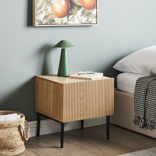 NovaHome Bedside Table Natural Ash Wood 1 Drawer Ribbed Front Modern