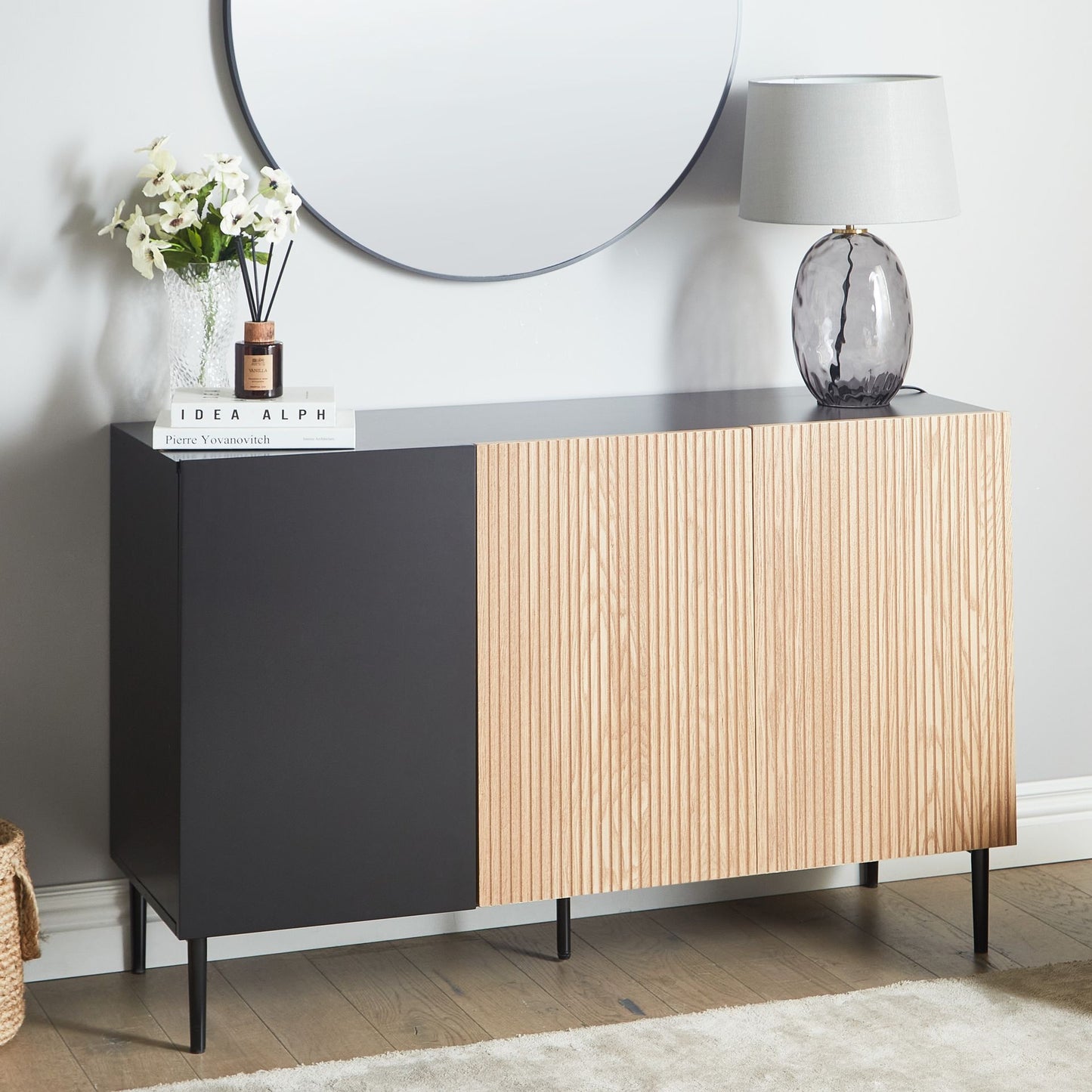 LuxeHome 3 Door Sideboard Black MDF Ribbed Front Modern Living Room