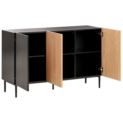 LuxeHome 3 Door Sideboard Black MDF Ribbed Front Modern Living Room