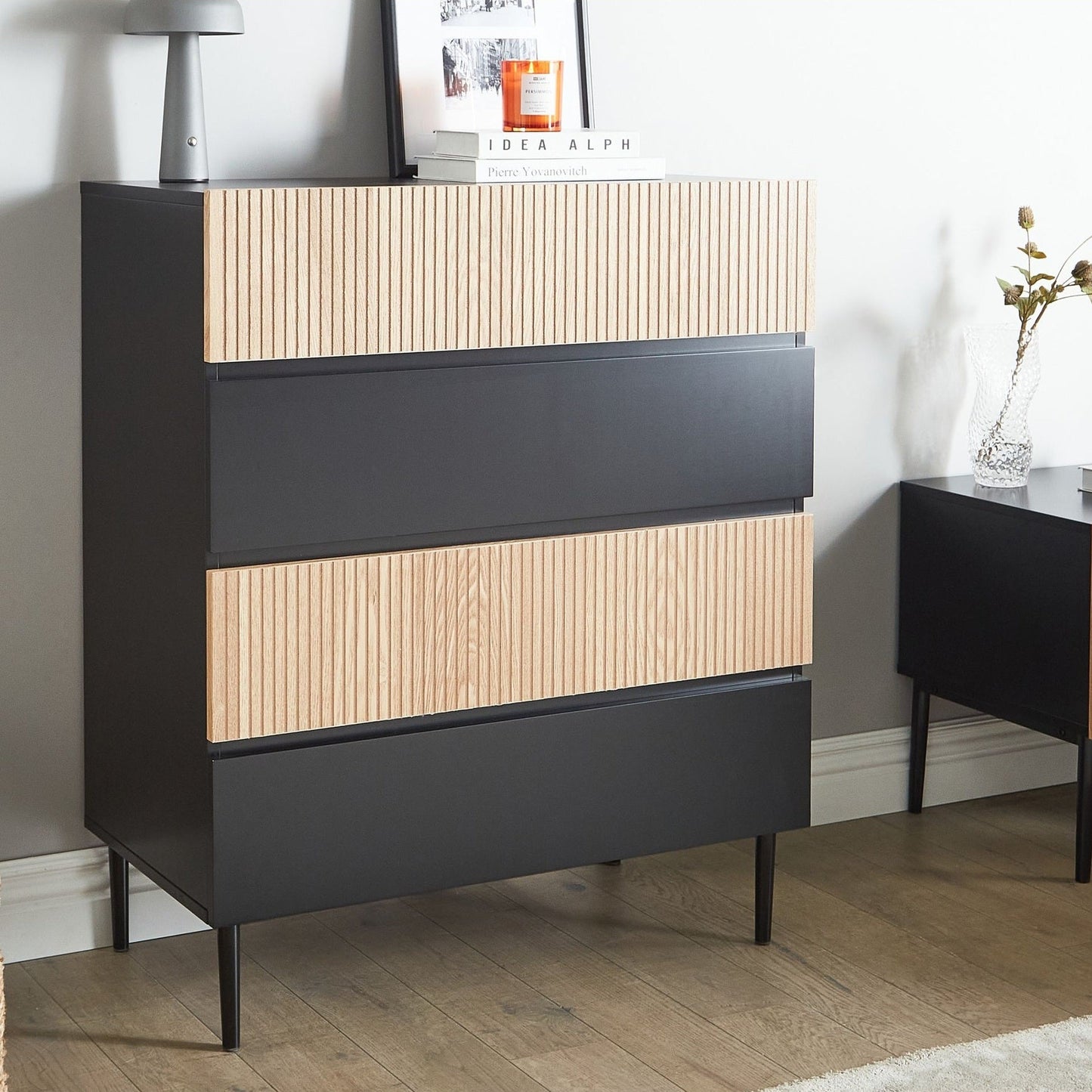 BrandName Black MDF Ribbed Front 4 Drawer Chest Living Room Storage