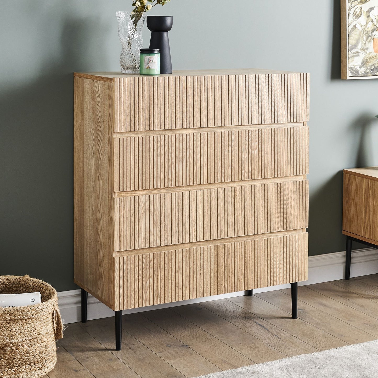 LuxeCasa 4 Drawer Chest Natural Ash Wood Ribbed Front Modern Storage