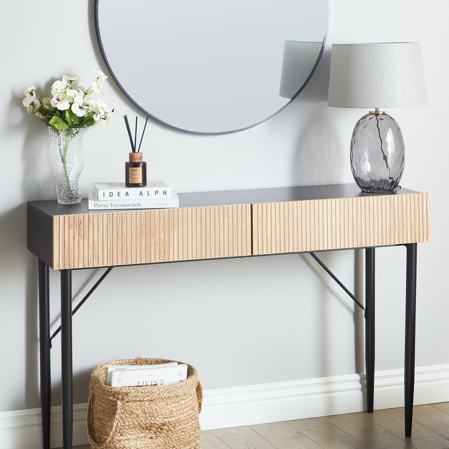 Brand Console Table Black MDF Natural Ash Ribbed Front 2 Drawers