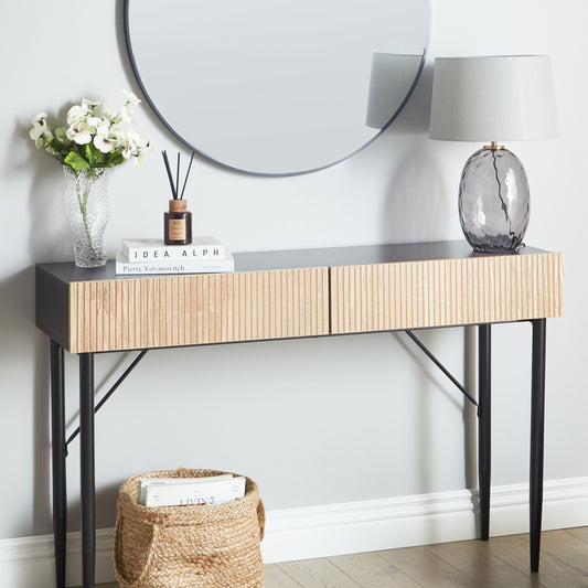 Brand Console Table Black MDF Natural Ash Ribbed Front 2 Drawers