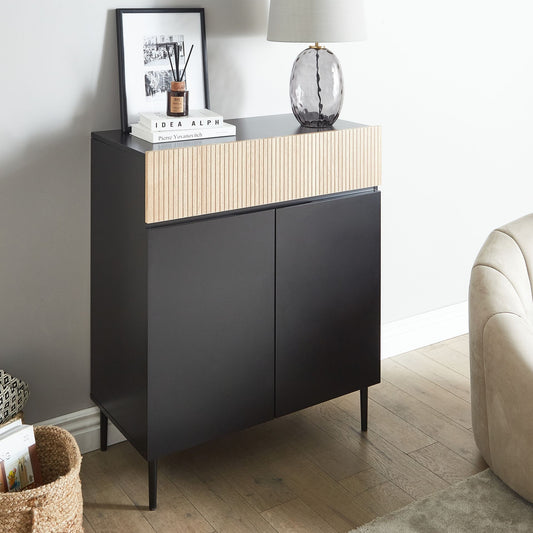 NovaLiving 3 Door Sideboard Black Ribbed Front 2 Shelves and Drawer
