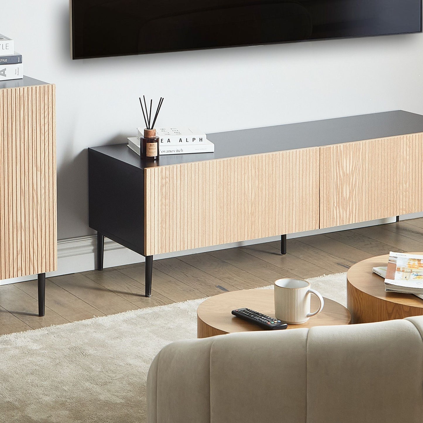 BrandName TV Stand Black MDF Ribbed Front 2 Drawers Living Room