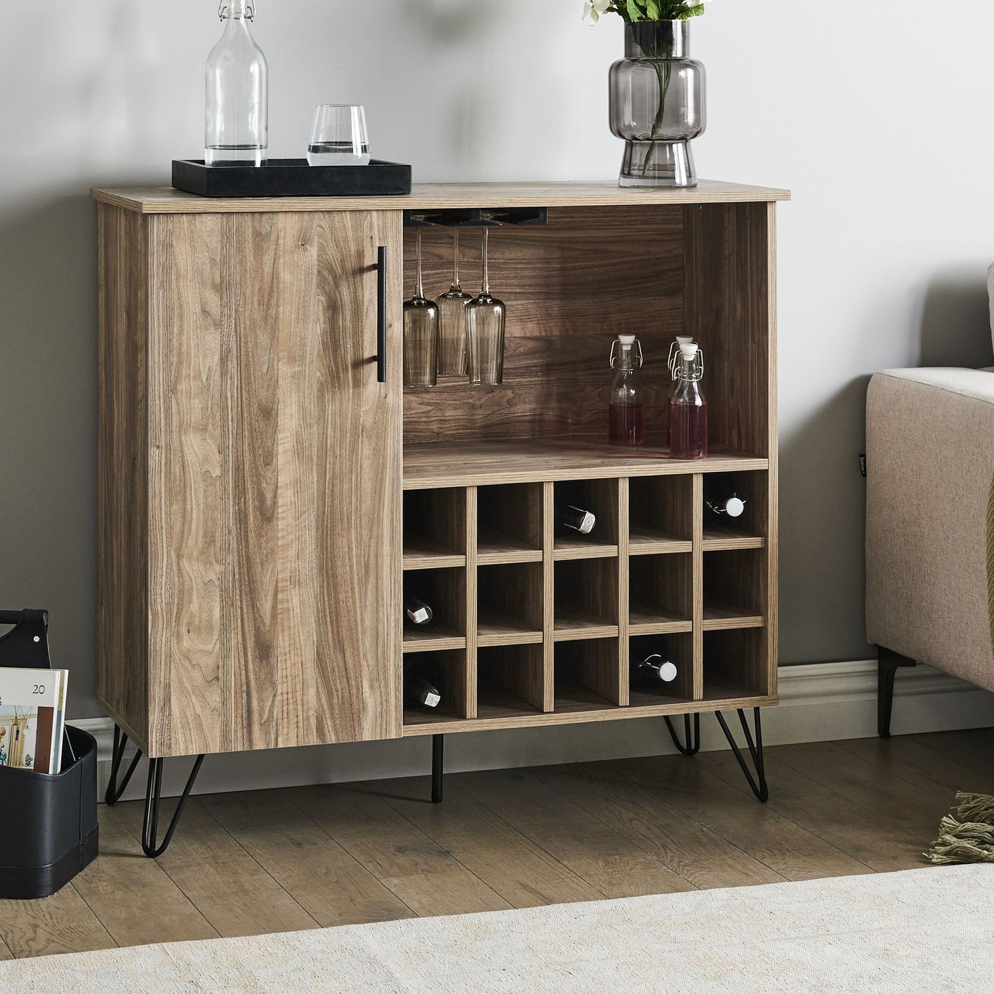 Elegant Home Wine Cabinet With BuiltIn Rack Light Brown Particleboard