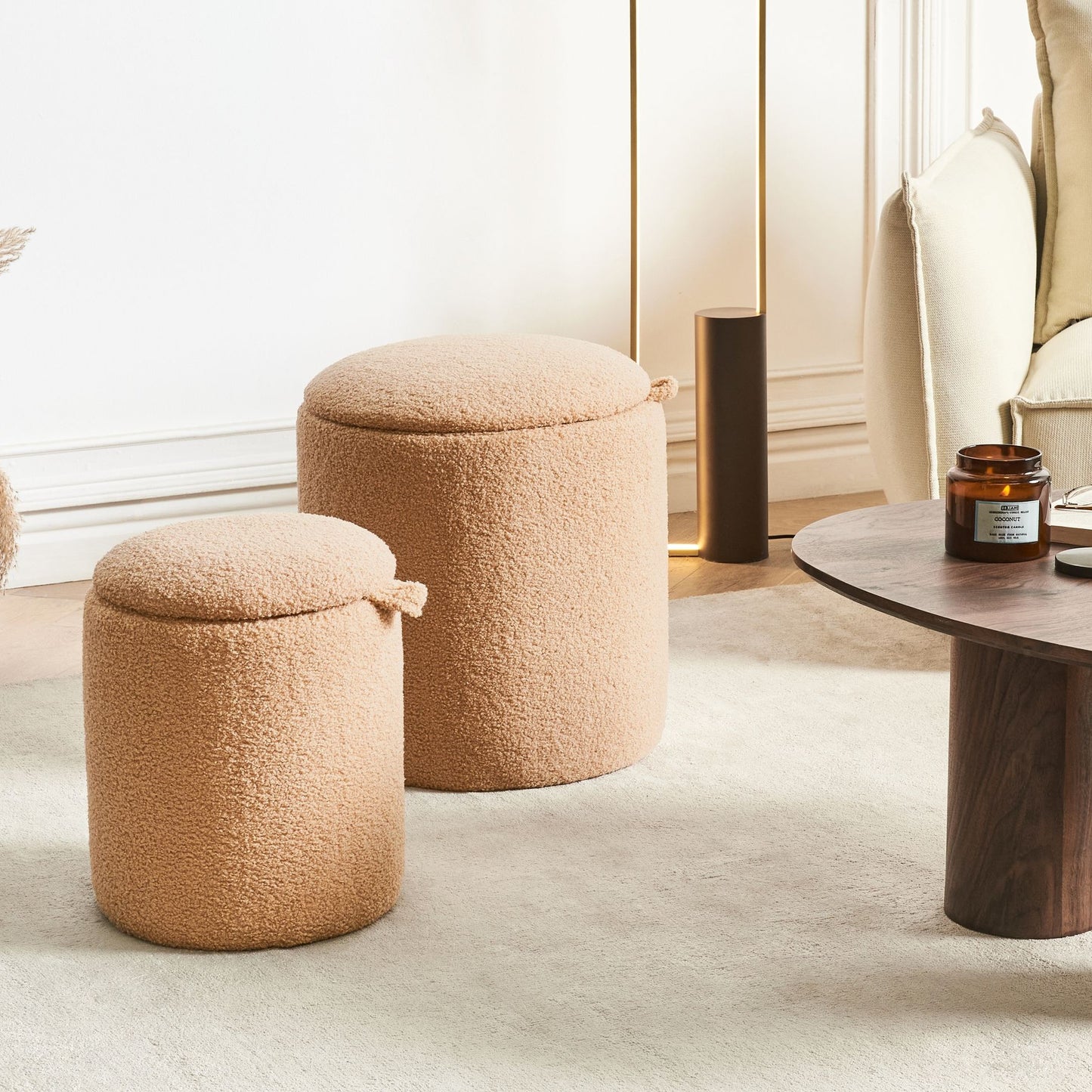 Boucle Storage Pouffes Set of 2 Light Brown Teddy Fabric Round Ottomans Hidden Storage