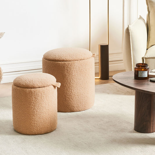 Boucle Storage Pouffes Set of 2 Light Brown Teddy Fabric Round Ottomans Hidden Storage