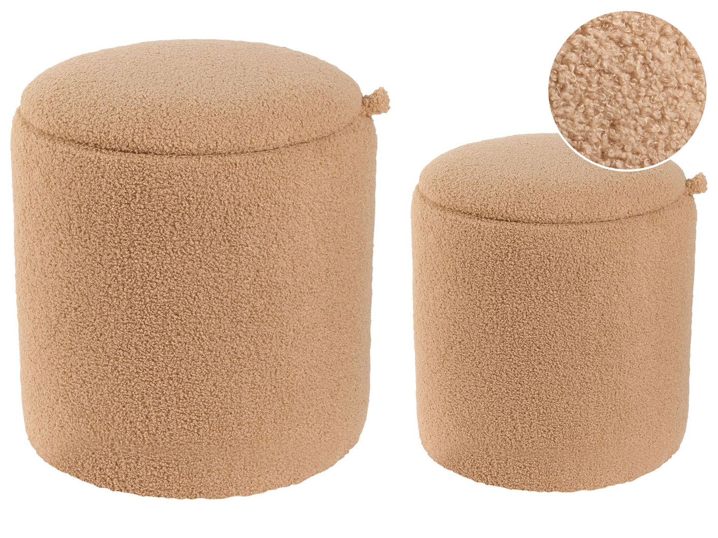 Boucle Storage Pouffes Set of 2 Light Brown Teddy Fabric Round Ottomans Hidden Storage