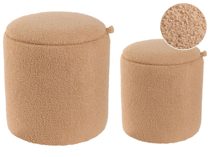 Boucle Storage Pouffes Set of 2 Light Brown Teddy Fabric Round Ottomans Hidden Storage