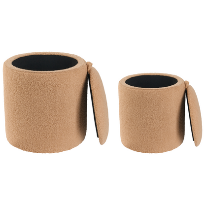 Boucle Storage Pouffes Set of 2 Light Brown Teddy Fabric Round Ottomans Hidden Storage