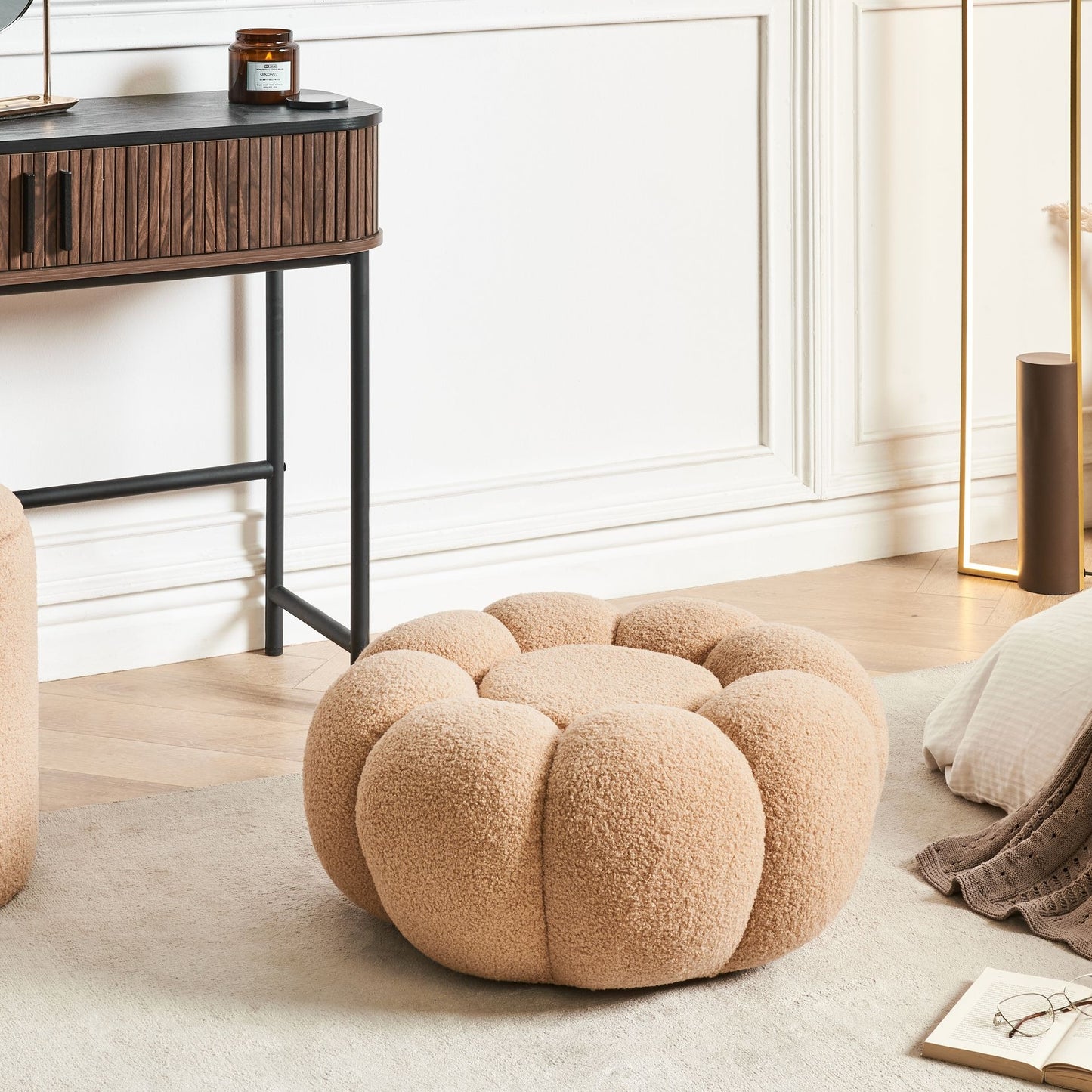 Boucle Pouffe Round Footstool 60cm Light Brown Modern Living