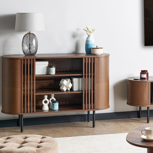 Sideboard Dark Brown Particle Board With Black Metal Legs Retro Style Storage Cabinet