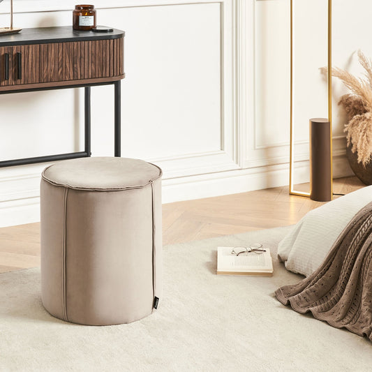 Velvet Taupe Round Pouffe 40 x 40 x 43cm Footstool For Living Room And Bedroom Modern Upholstery Accent