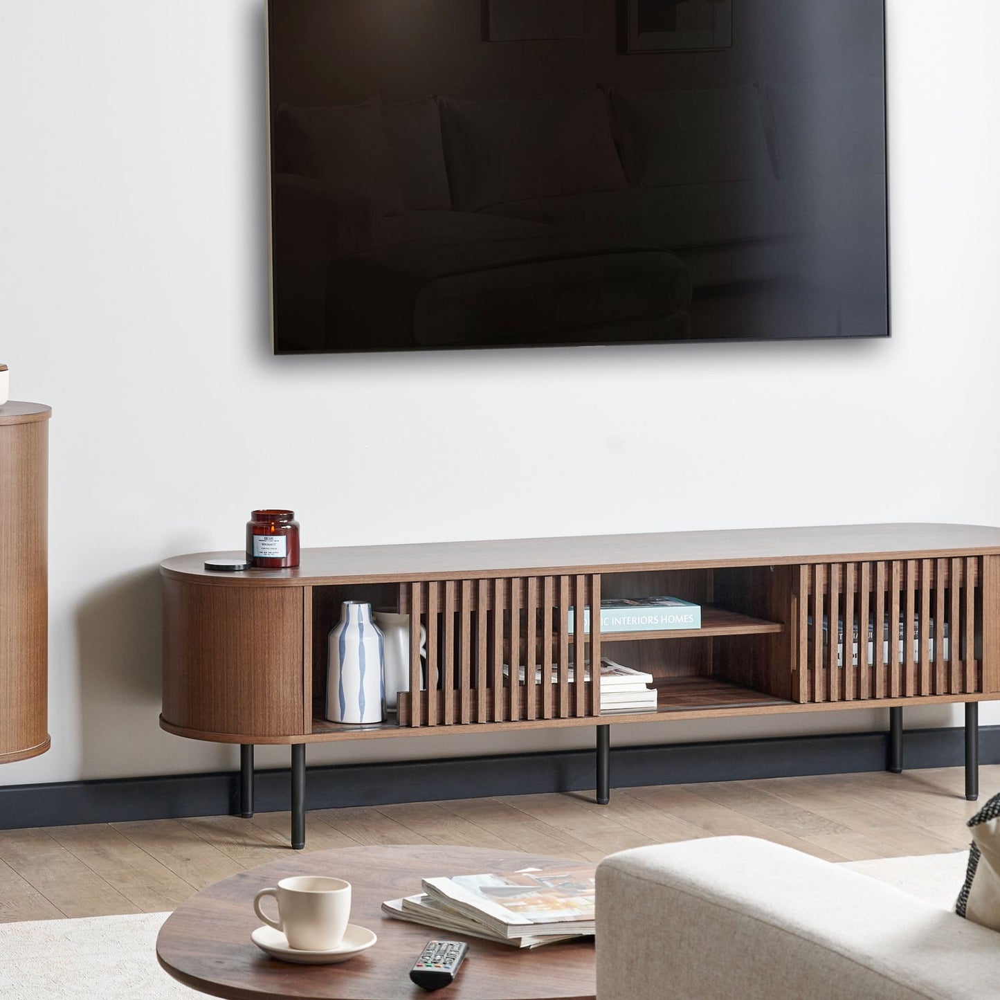 Home Retro TV Stand Dark Brown Particle Board With Sleek Metal Legs For Living Room Storage