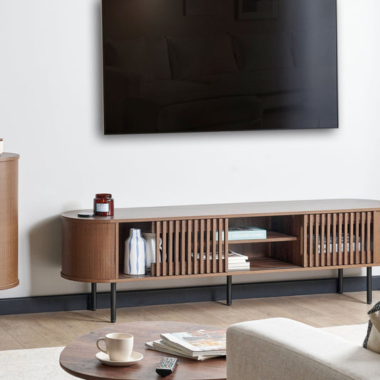Home Retro TV Stand Dark Brown Particle Board With Sleek Metal Legs For Living Room Storage