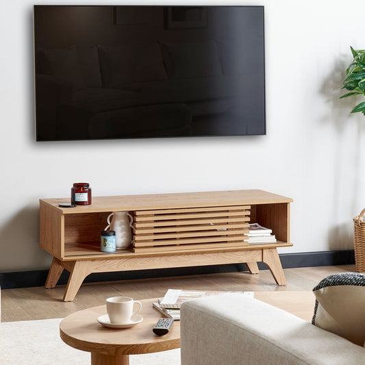 Modern TV Stand Brown Particle Board With Cable Management And Storage Shelves