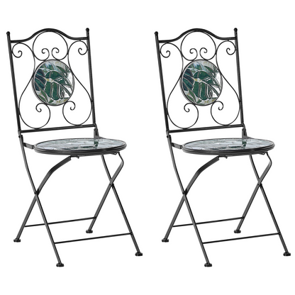 Set of 2 Black Metal Folding Garden Chairs With Green Mosaic Tiles