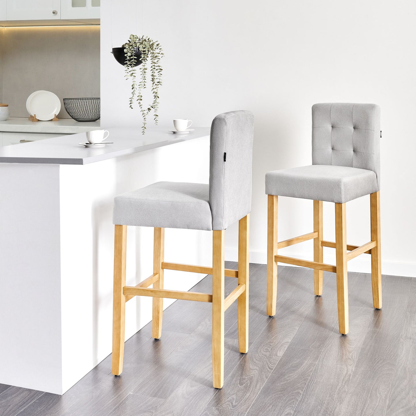 Grey Tufted Bar Stool Set of 2 with Footrest Modern