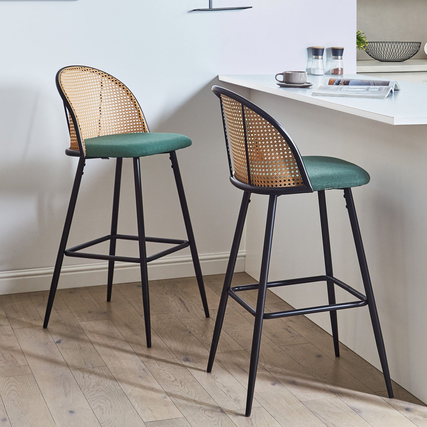 Set Of 2 Green Fabric Bar Chairs With Black Metal Frame And Viennese Braid Backrest