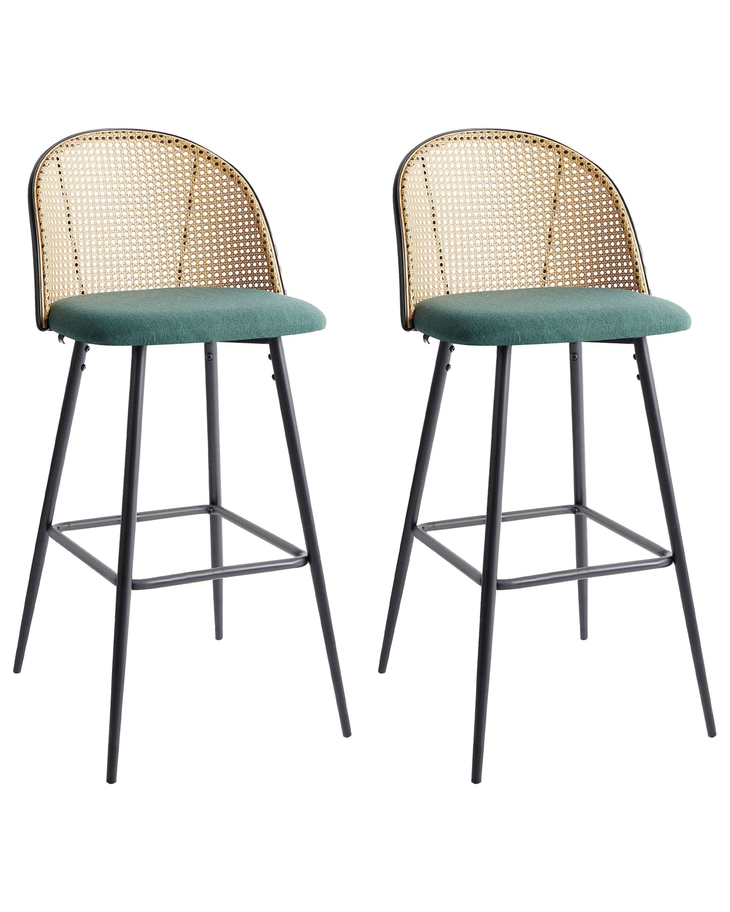 Set Of 2 Green Fabric Bar Chairs With Black Metal Frame And Viennese Braid Backrest