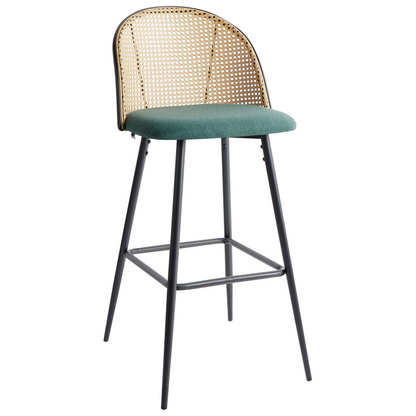 Set Of 2 Green Fabric Bar Chairs With Black Metal Frame And Viennese Braid Backrest