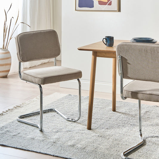 Set Of 2 Taupe Corduroy Dining Chairs With Iron Legs For Retro Style Dining Room