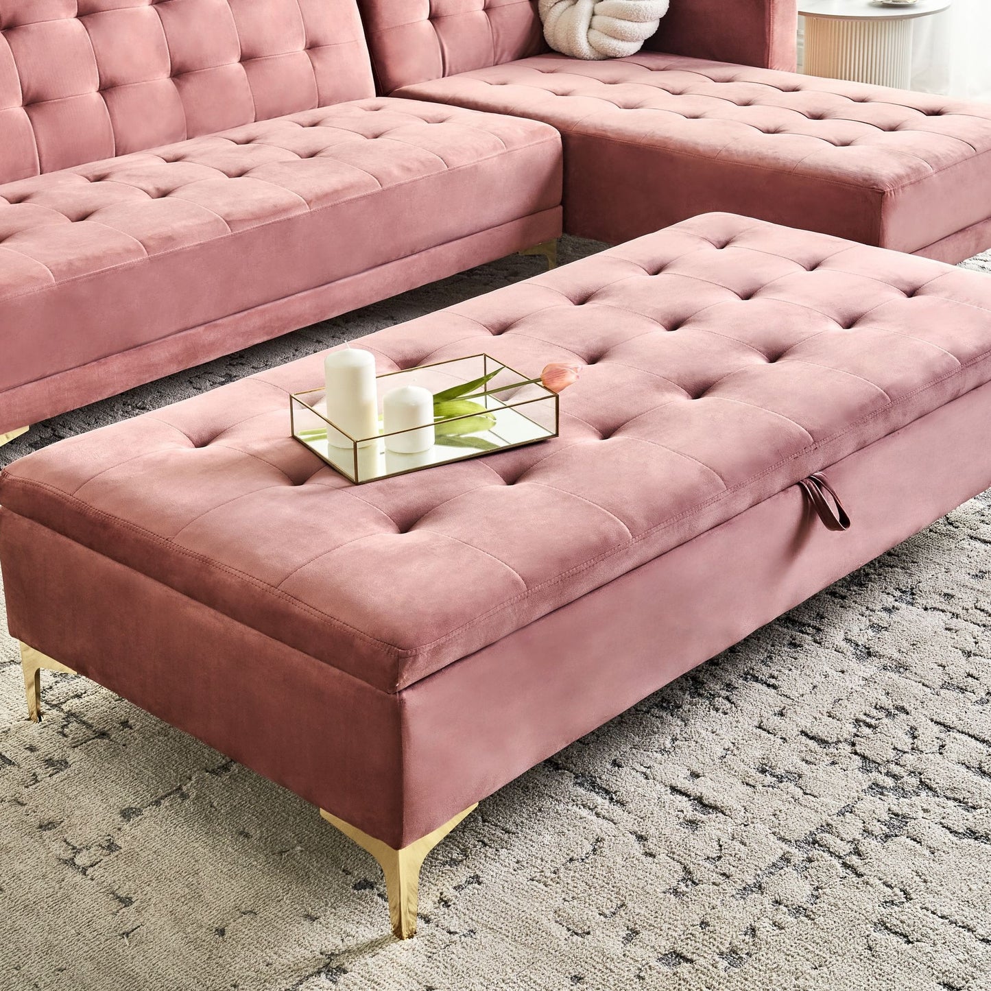 Velvet Pink Tufted Storage Ottoman With Gold Legs