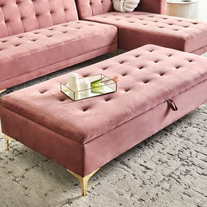 Velvet Pink Tufted Storage Ottoman With Gold Legs