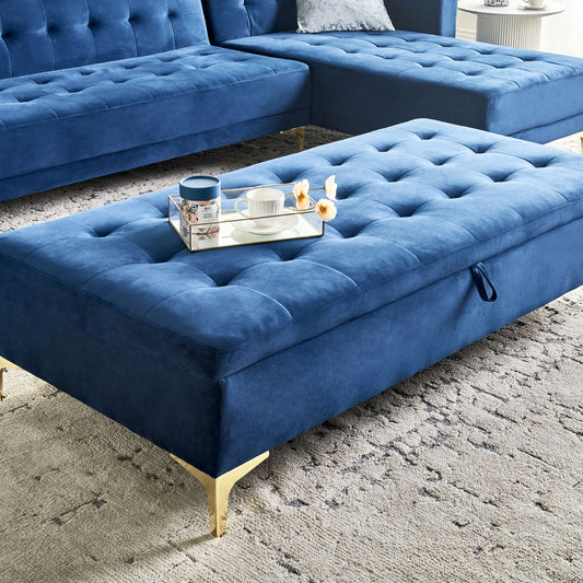 Navy Velvet Tufted Ottoman With Storage Gold Legs