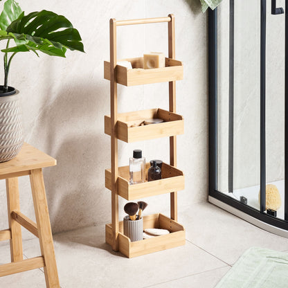 4 Tier Bath Shelving Unit With Basket Design Light Brown