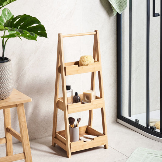 Bathroom Shelving Unit 3-Tier Light Brown Bamboo Wood With Raised Border