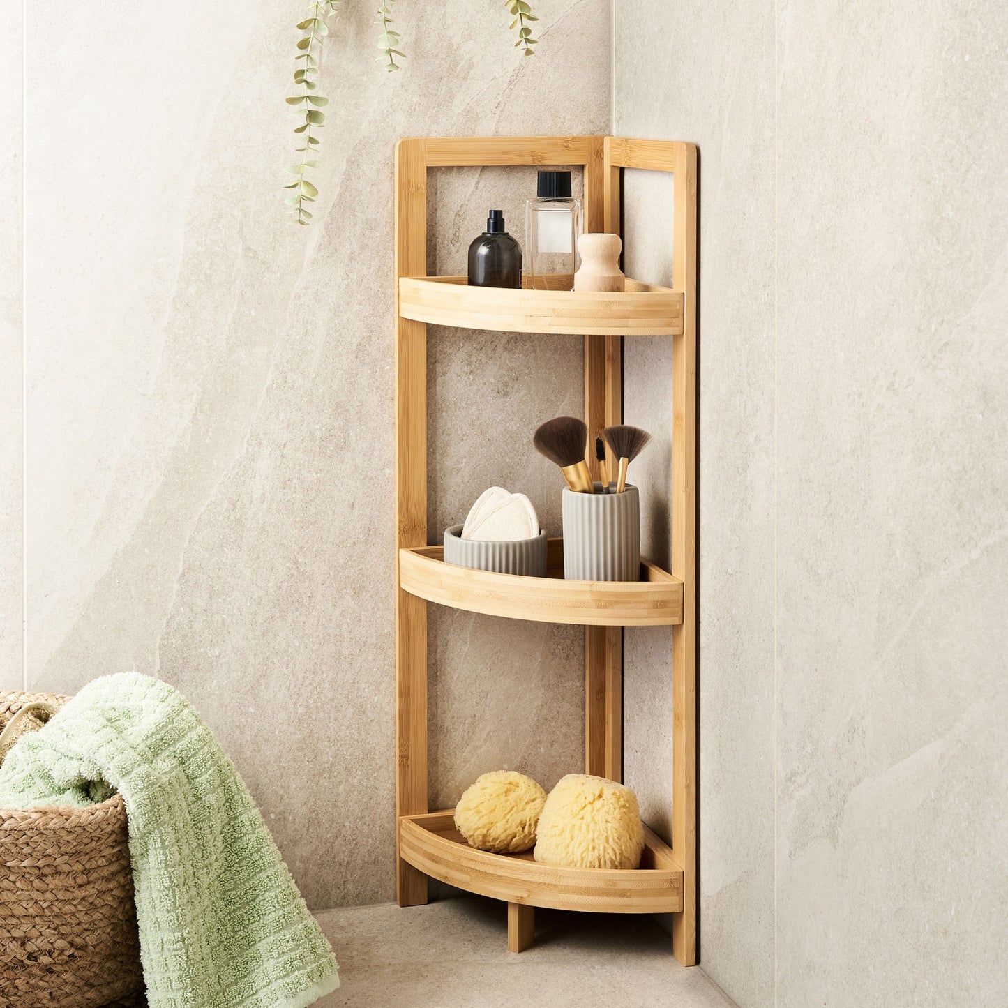 Bath Corner Shelving 3 Tier Basket Design Light Brown