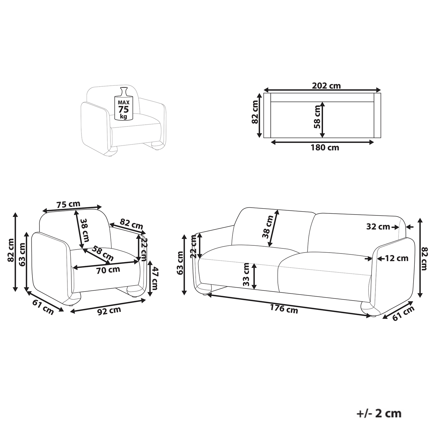 White 3-Seater Fabric Sofa And Armchair With Wide Backrest